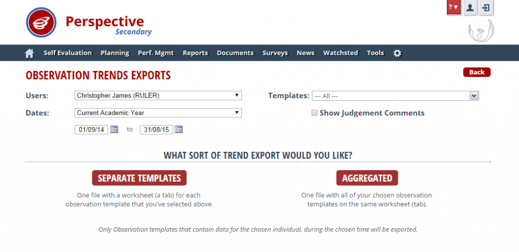 Perspective: Observation Trend export options