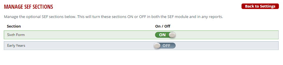Perspective: Manage SEF sections within settings