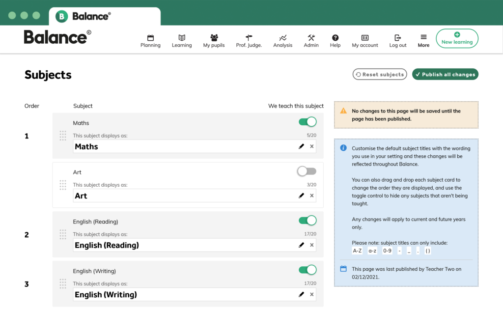 Subjects screenshot