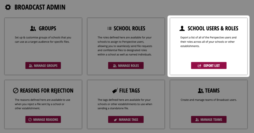 Screenshot of Broadcast admin screen